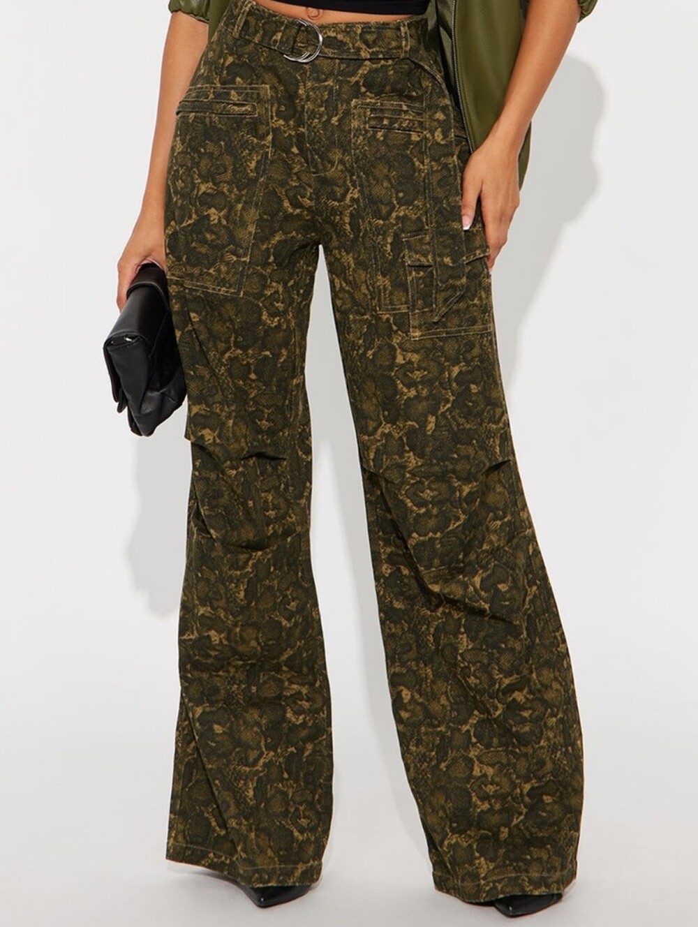 Wide-Leg Cargo Pants in Olive Green Leopard